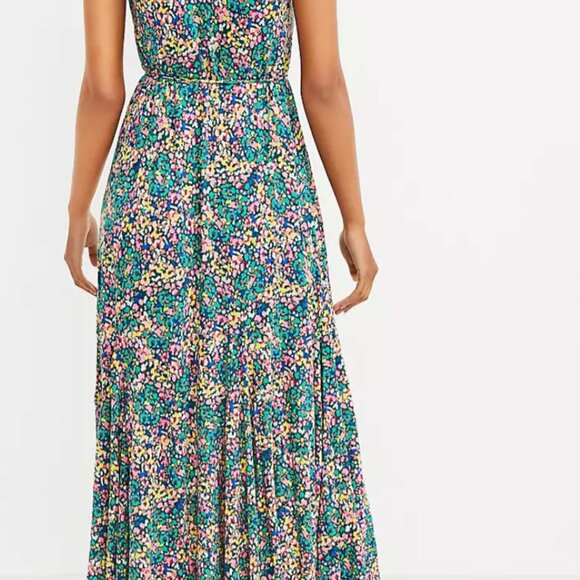 LOFT Colorful Floral Godet Double V Maxi Dress Sleeveless Waist Tie XSP - Picture 2 of 6